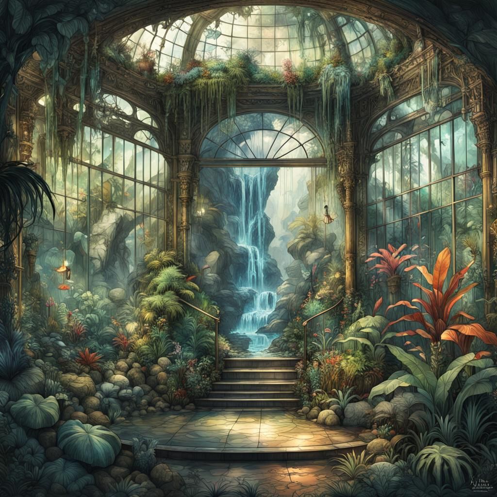 tropical jungle waterfall inside giant glass terrarium, elaborate and intricate ink illustration, breathtaking borderland masterpiece fantas...