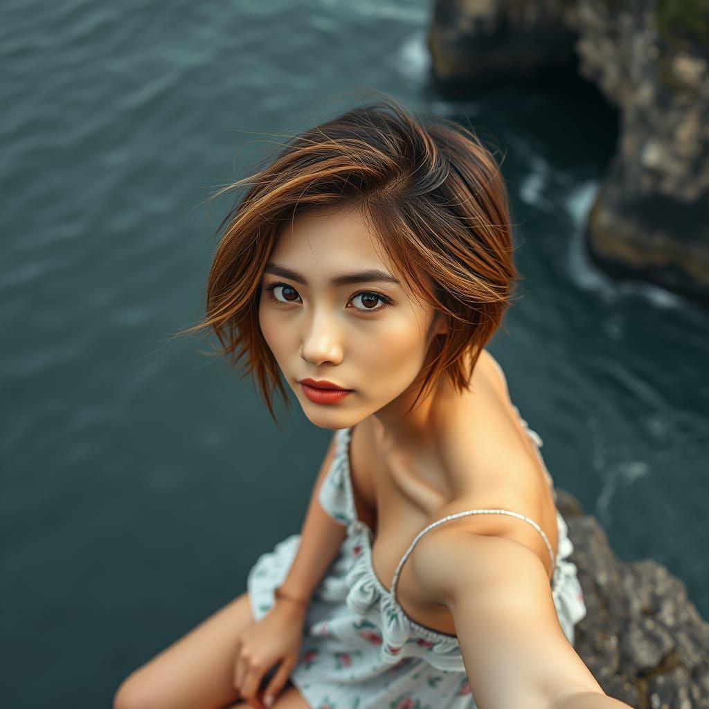 Beautiful Thai Woman on Cliffs Overlooking Gray Sea
