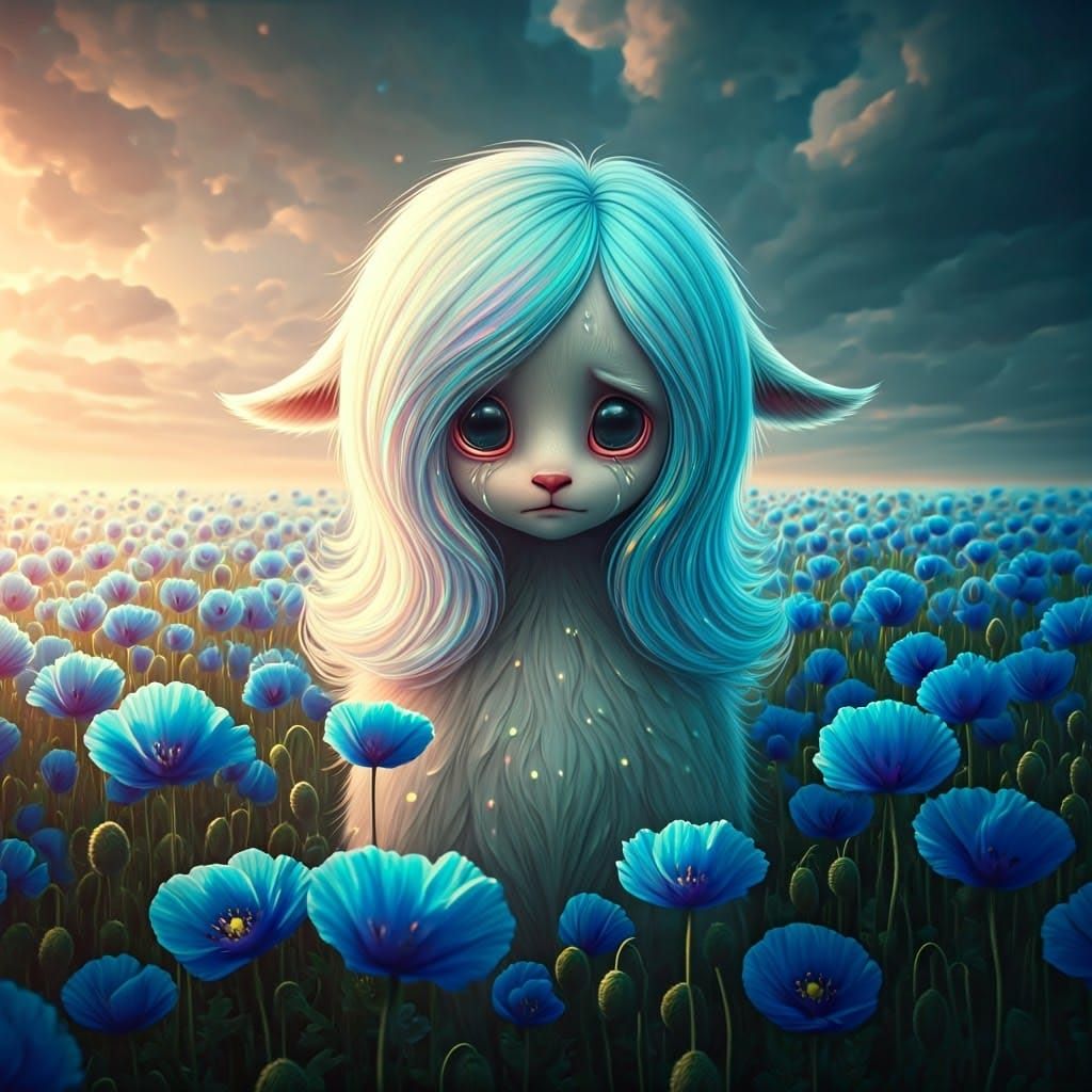 Ethereal Creature in Dreamy Blue Poppies Landscape
