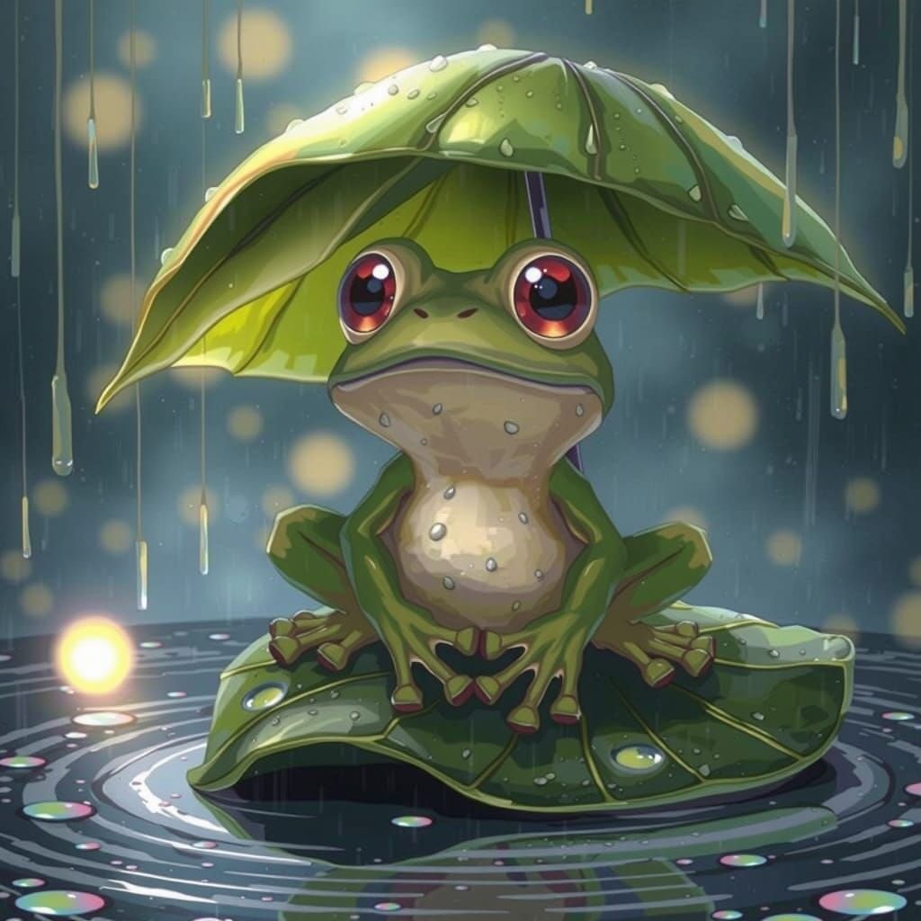 A cute, cartoon-style frog with large, shiny eyes, wearing a tiny rain hat, sits on a wet leaf in the ...  by @r0dr1g0n3t
