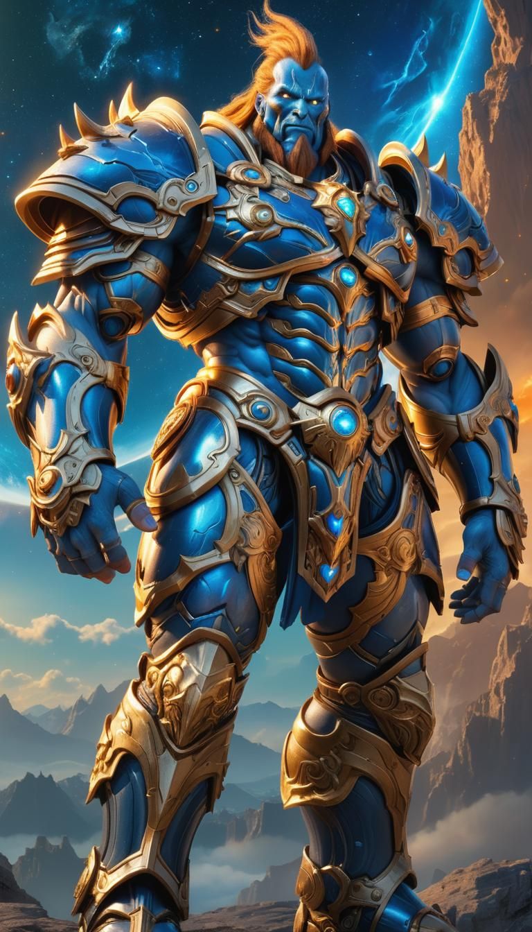 High fantasy epic male Legendary celestial Titan creator of the galaxy wearing celestial heavy armor| scenic divine light background, high...
