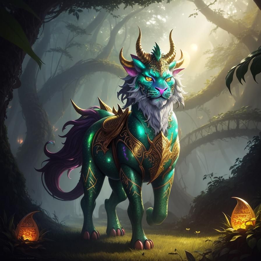 A adorable mythical creature, cute fantasy jungle being, horned panther ...