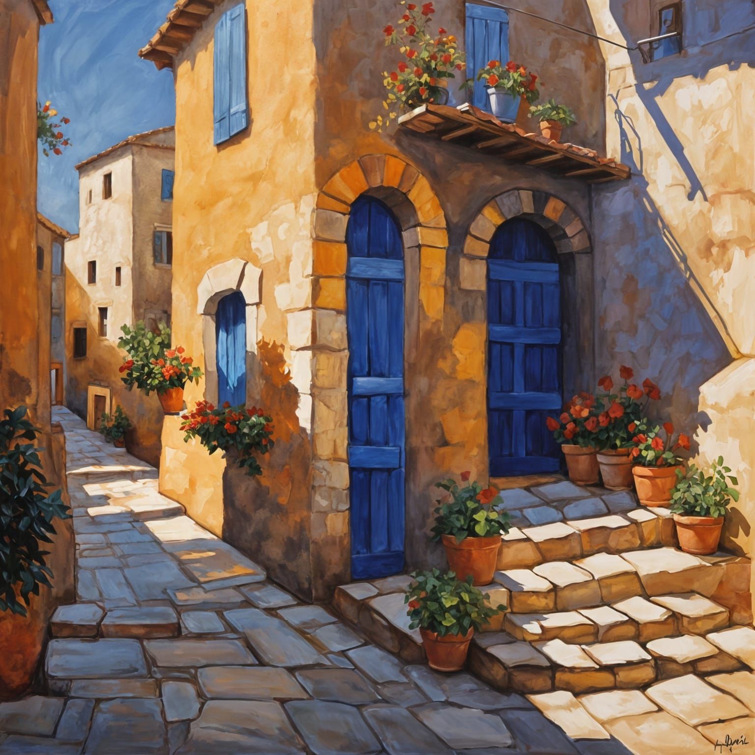 Mediterranean Village Street in Impasto Style