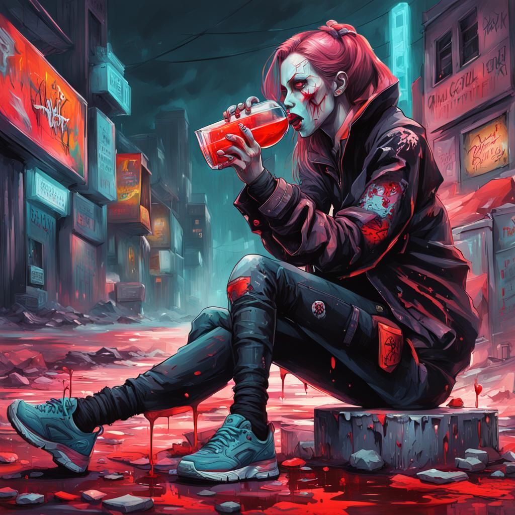 female vampire drinking fresh blood cyberpunk random outfit,...