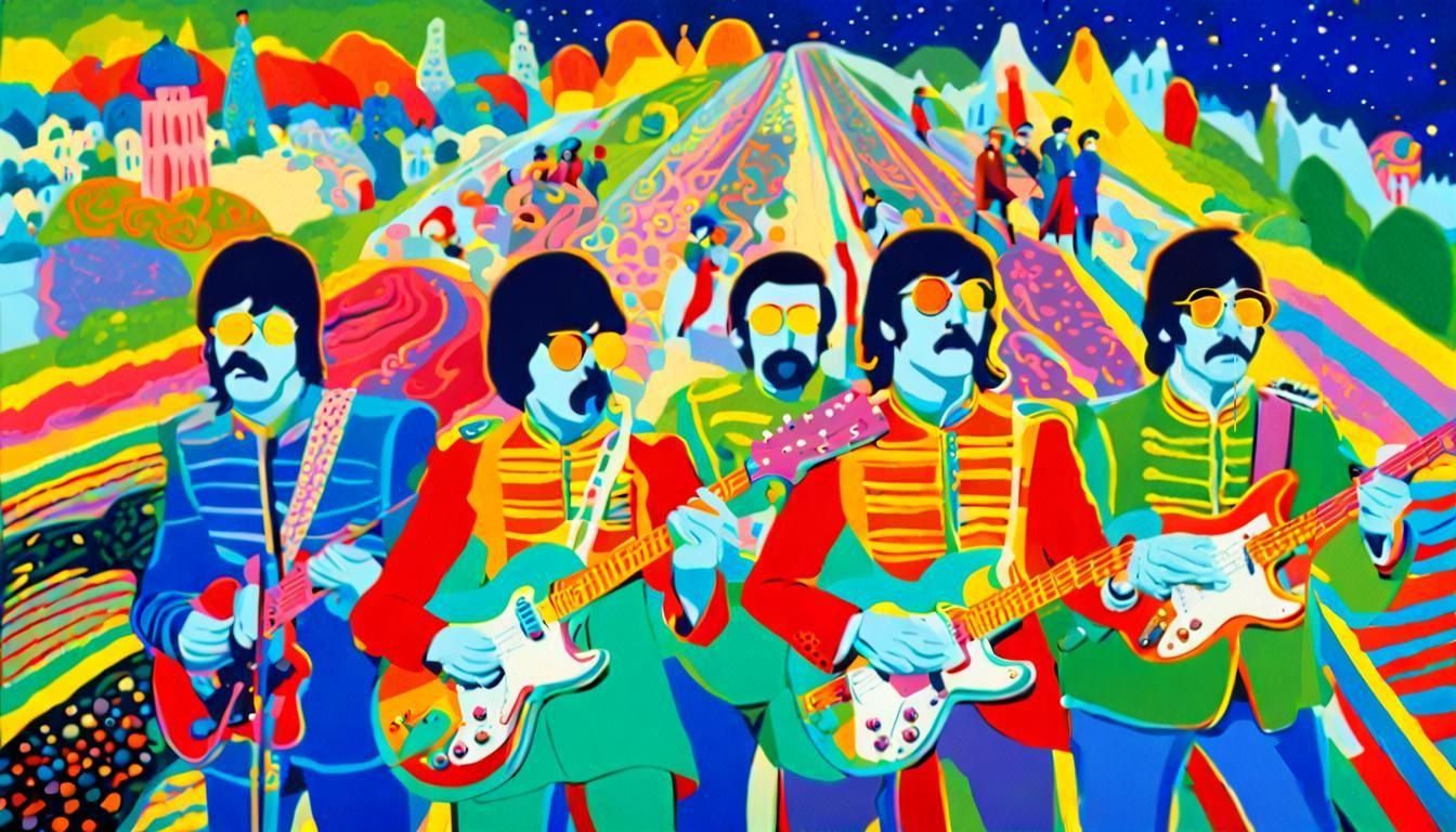 The Beatles all wearing psychedelic optillusion spectacles a...