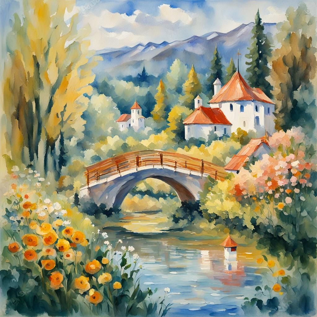 Krajina s řekou a domy