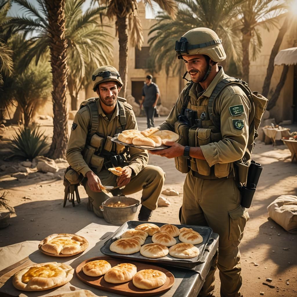 Israeli Soldier Distributing Bread in Golden Sunlight