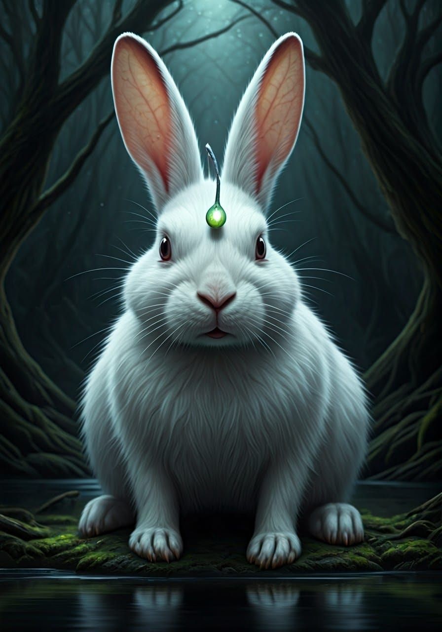 A photorealistic hyperdetailed matte background image of a rabbit-anglerfish hybrid. The rabbit has incredibly detailed white fur and needle...