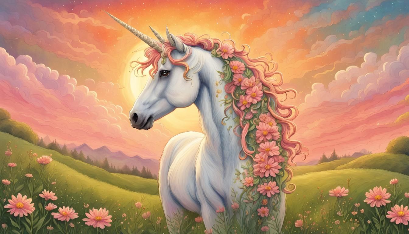 A captivating, whimsical illustration of a majestic unicorn ...