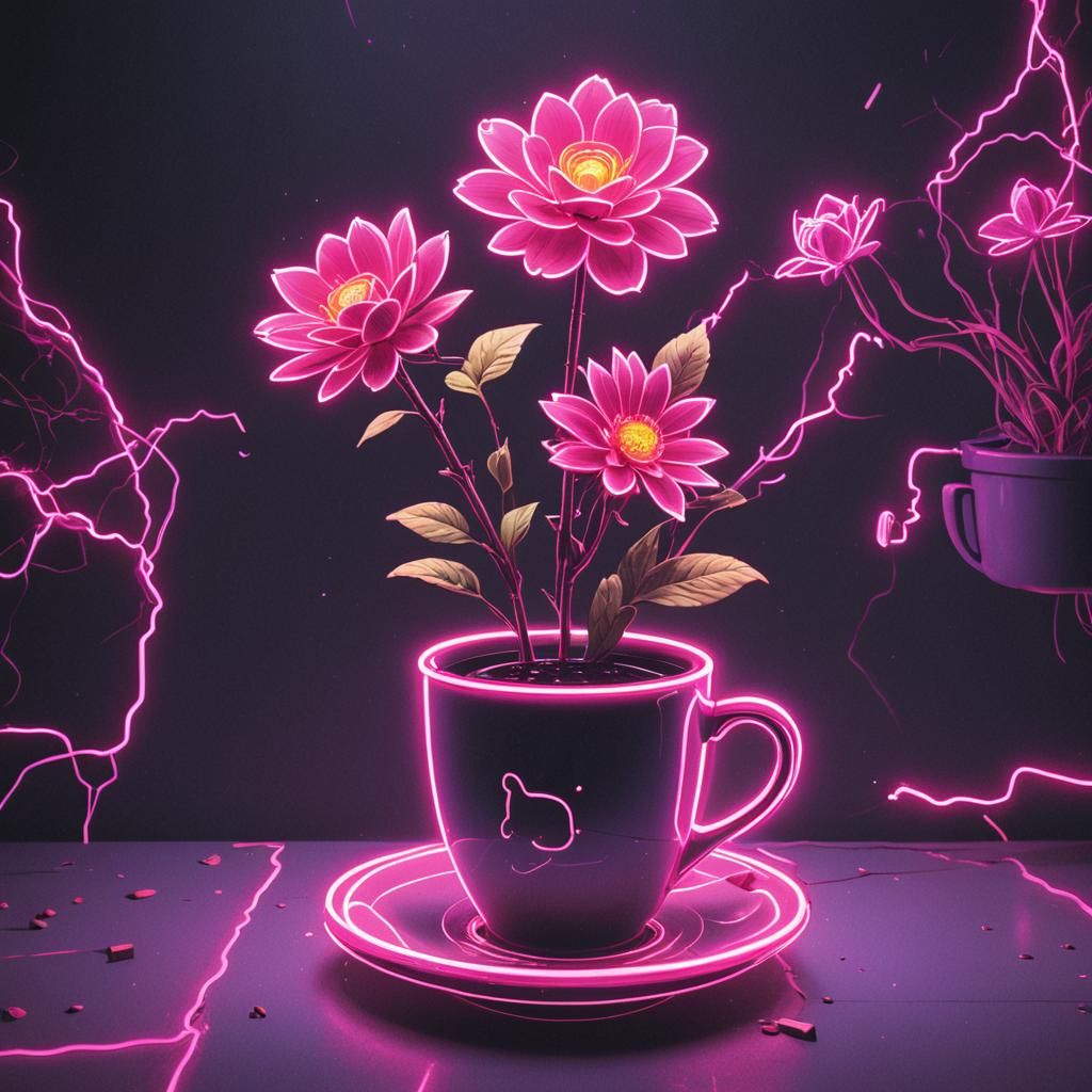 A neon pink flower emerges from it, a coffee cup emerges fro...