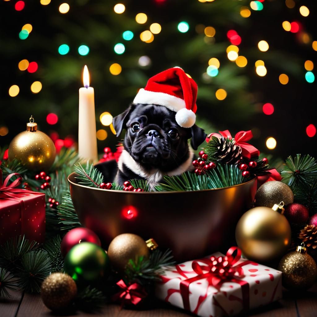 Cute little black pug celebrating christmas holidays