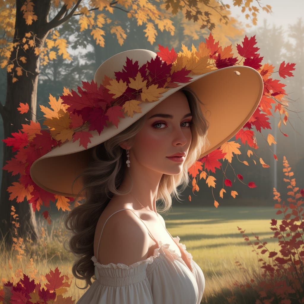 A serene portrait of a very gorgeous woman whose wide-brimmed hat is a delicate arrangement of vibrant, fallen autumn leaves in shades of re...