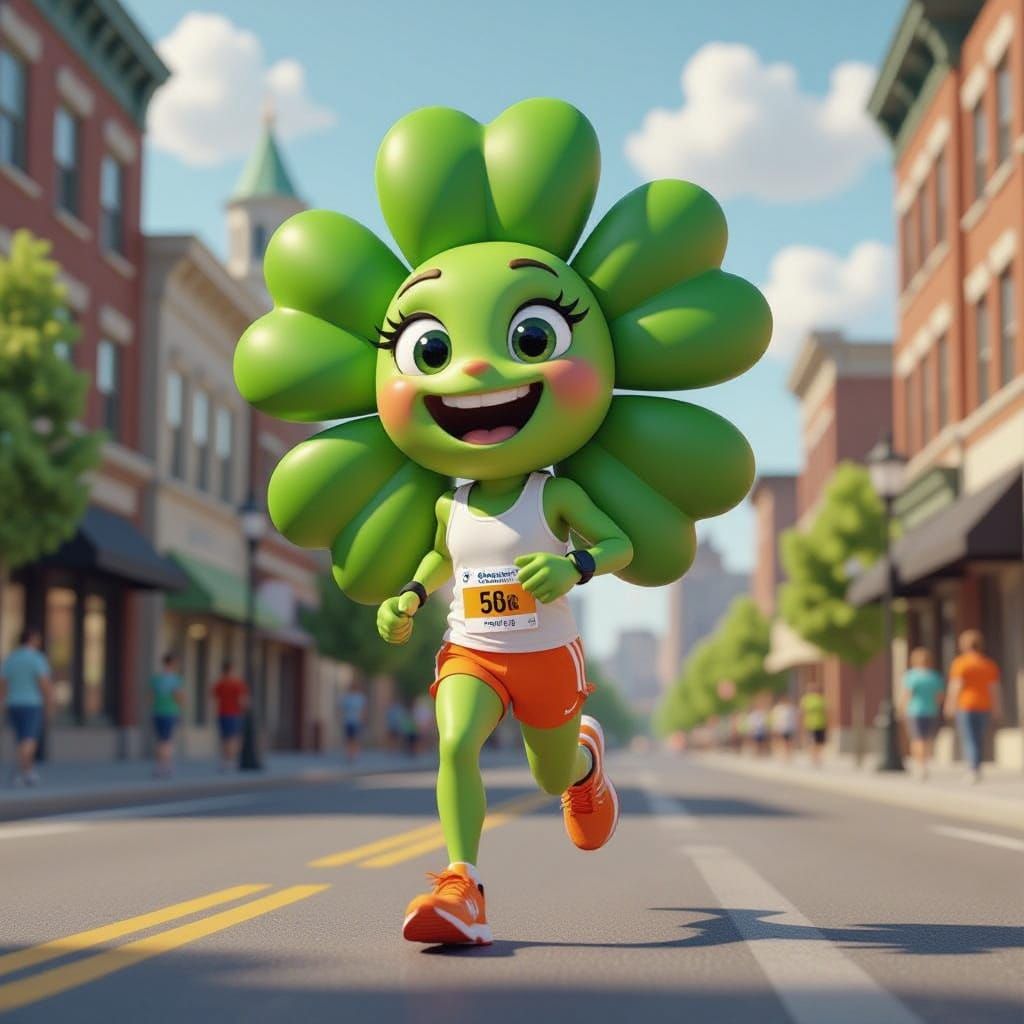 A androgynous green happy shamrock with huge shamrock leaves wearing orange running shoes, orange shorts and a white tank top running a char...