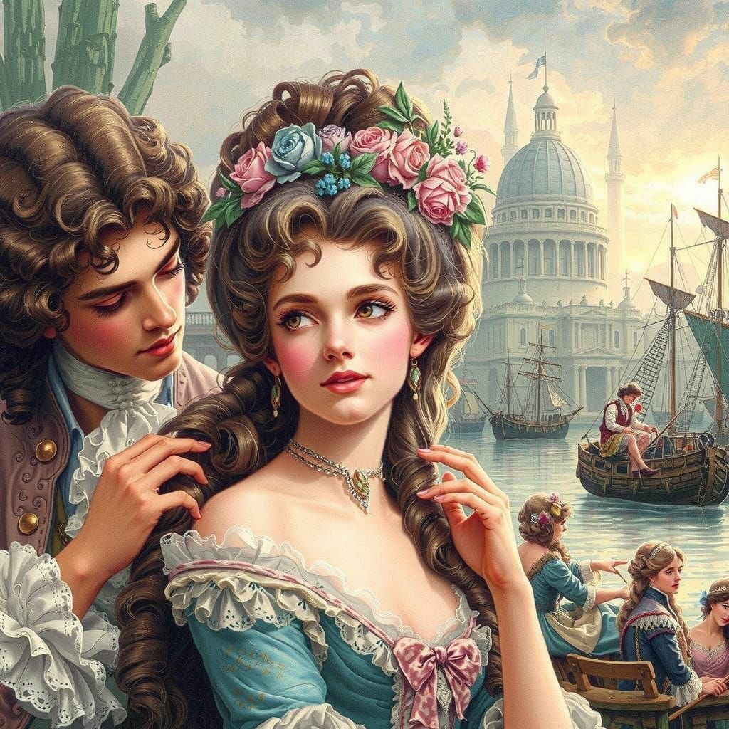 Romantic 18th Century Lovers in Whimsical Landscape