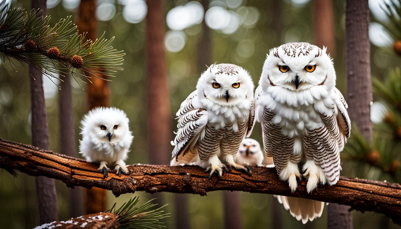 An Adult snowy owl and two small fuzzy white baby owls stand...