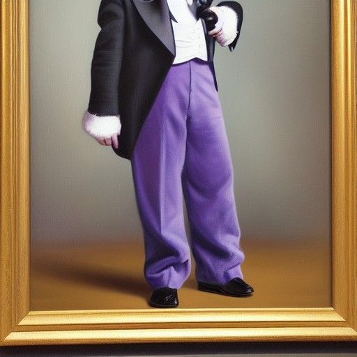 grey cat with purple tuxedo and blue bowtie on fluffy tail a...