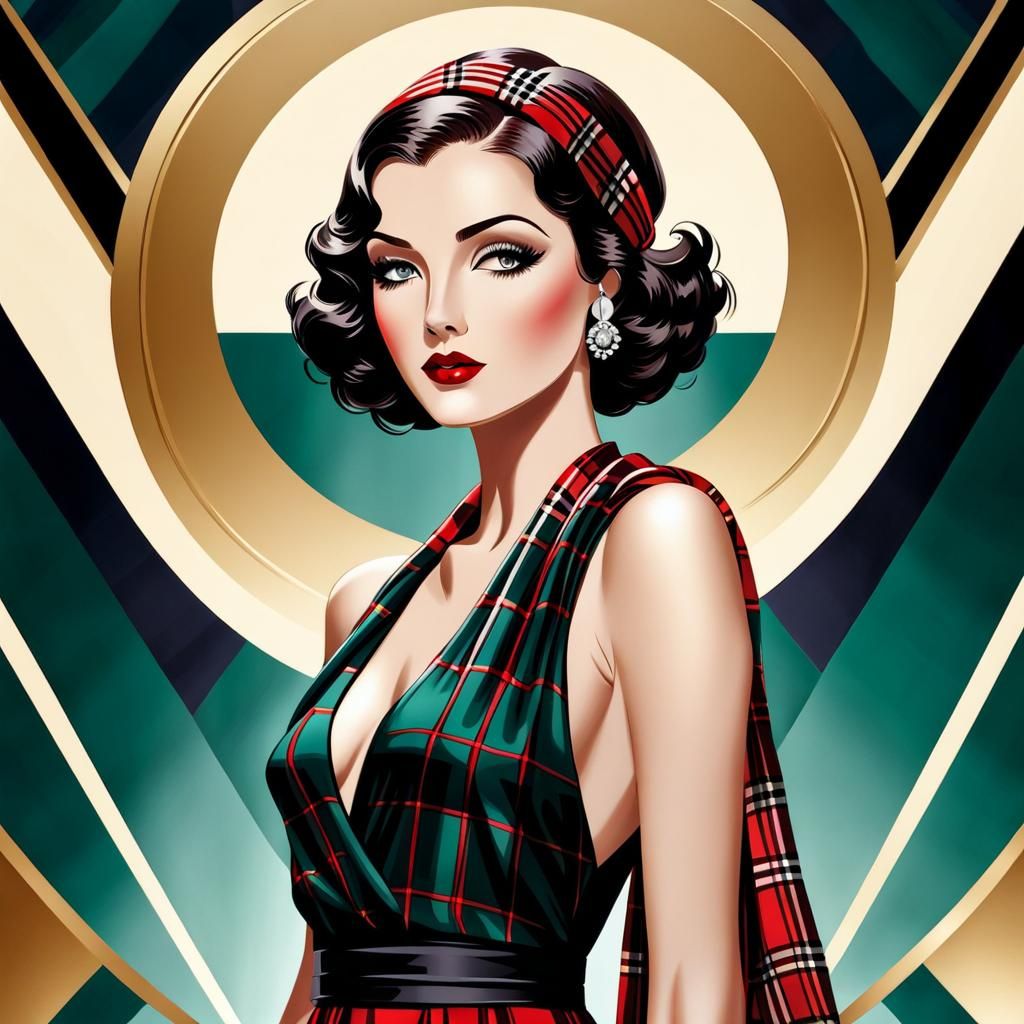 Art Deco Plaid Dress/Scarf