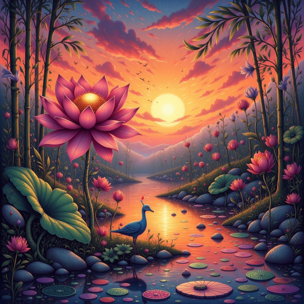 <lora:GazDreamchant:1.0> lotus familiar in a quiet garden at sunset
