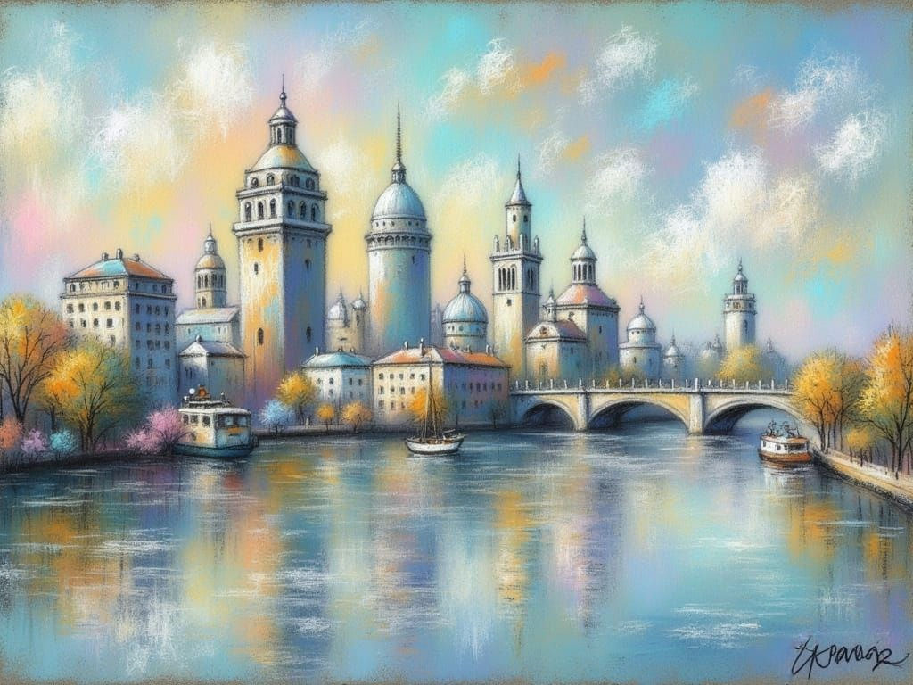 <lora:Chalk Texture-2:1.0> Beautiful cityscape on a river with reflections of the city buildings on the water, a few sail boats, chalk textu...