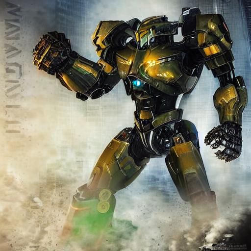 <lora:Jaeger Image:1.0> Il a quatre bras : deux supérieurs avec des lames acérées, et deux inférieurs dotés de crochets. Ses épaules sont éq...