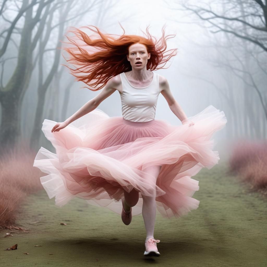 Action shot of a woman with red hair wearing lots of pale pink tulle running away. Fantasy.