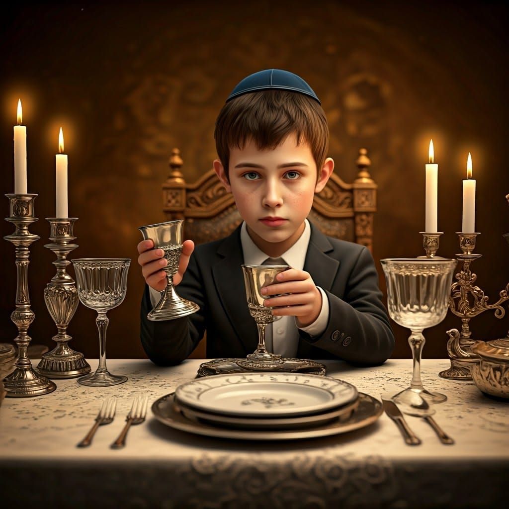 Orthodox Jewish Boy Surrounded by Luxurious Shabbat Table in...