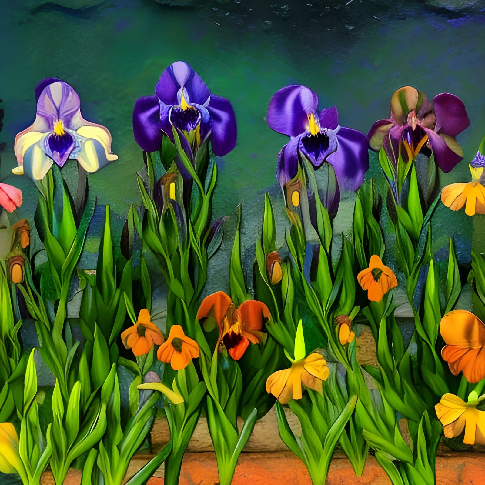 violets, irises and pansies growing in different colors in a garden