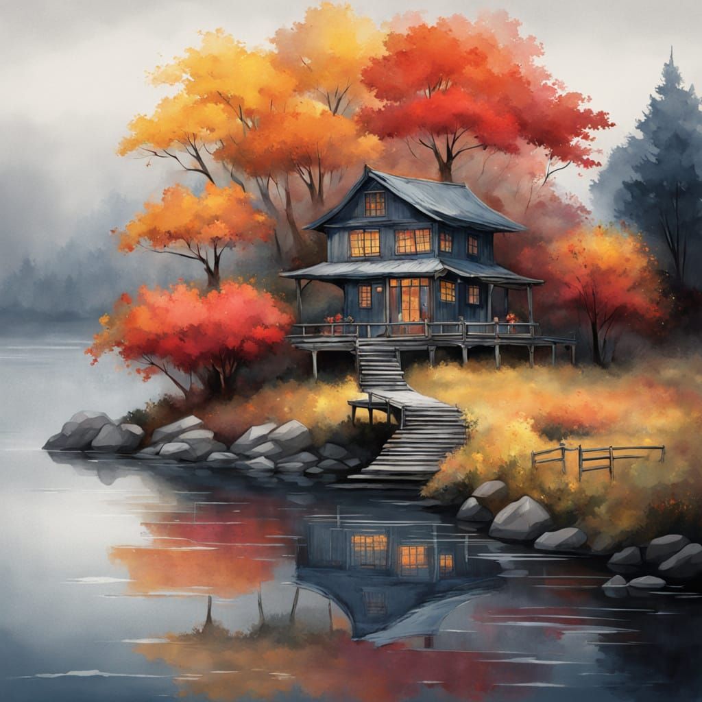 Lakeside House Reflection in Watercolor Style