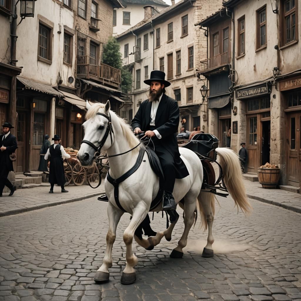 Hasidic Man Rides White Horse in Surreal Town