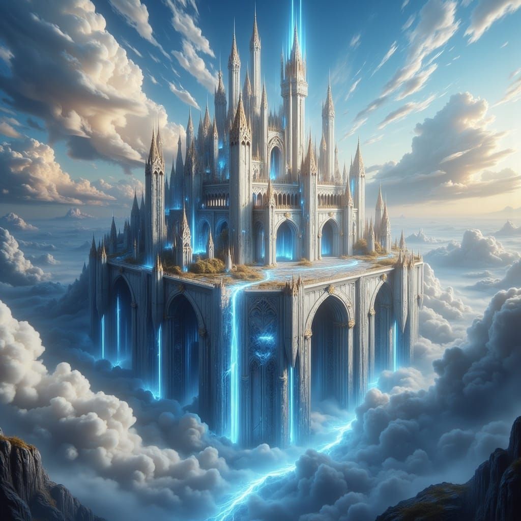 <lora:-Omnious-:1.0> 
A colossal heavenly castle made of glowing white marble, polished gold accents, and soft sky-blue crystal towers. The ...