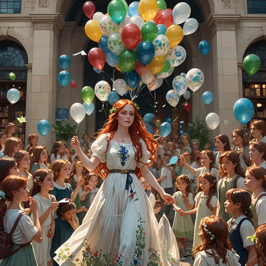 A girl with long red hair and green eyes, wearing a simple w...