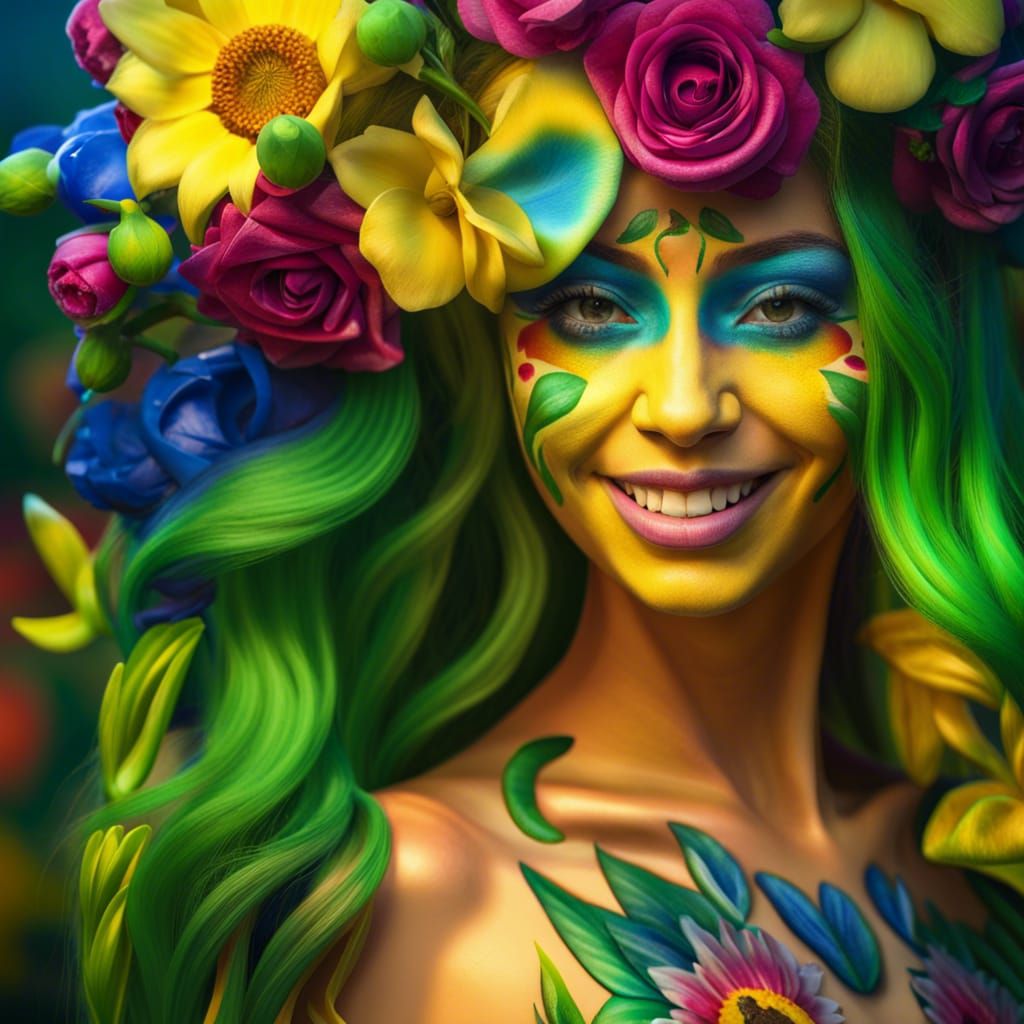 Girl with painted flowers in the face and bodypainting - AI Generated  Artwork - NightCafe Creator