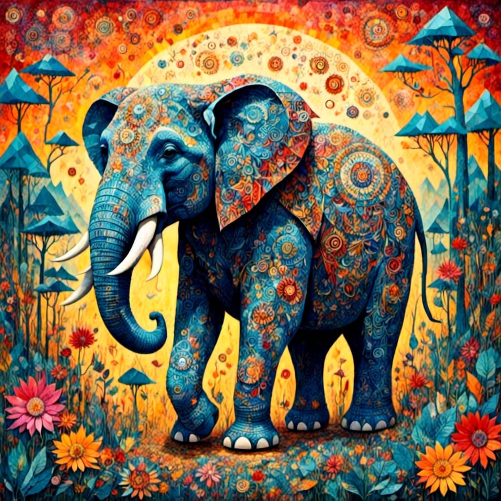 Turquoise Elephant and Baby in Indian Sunset, Digital Art