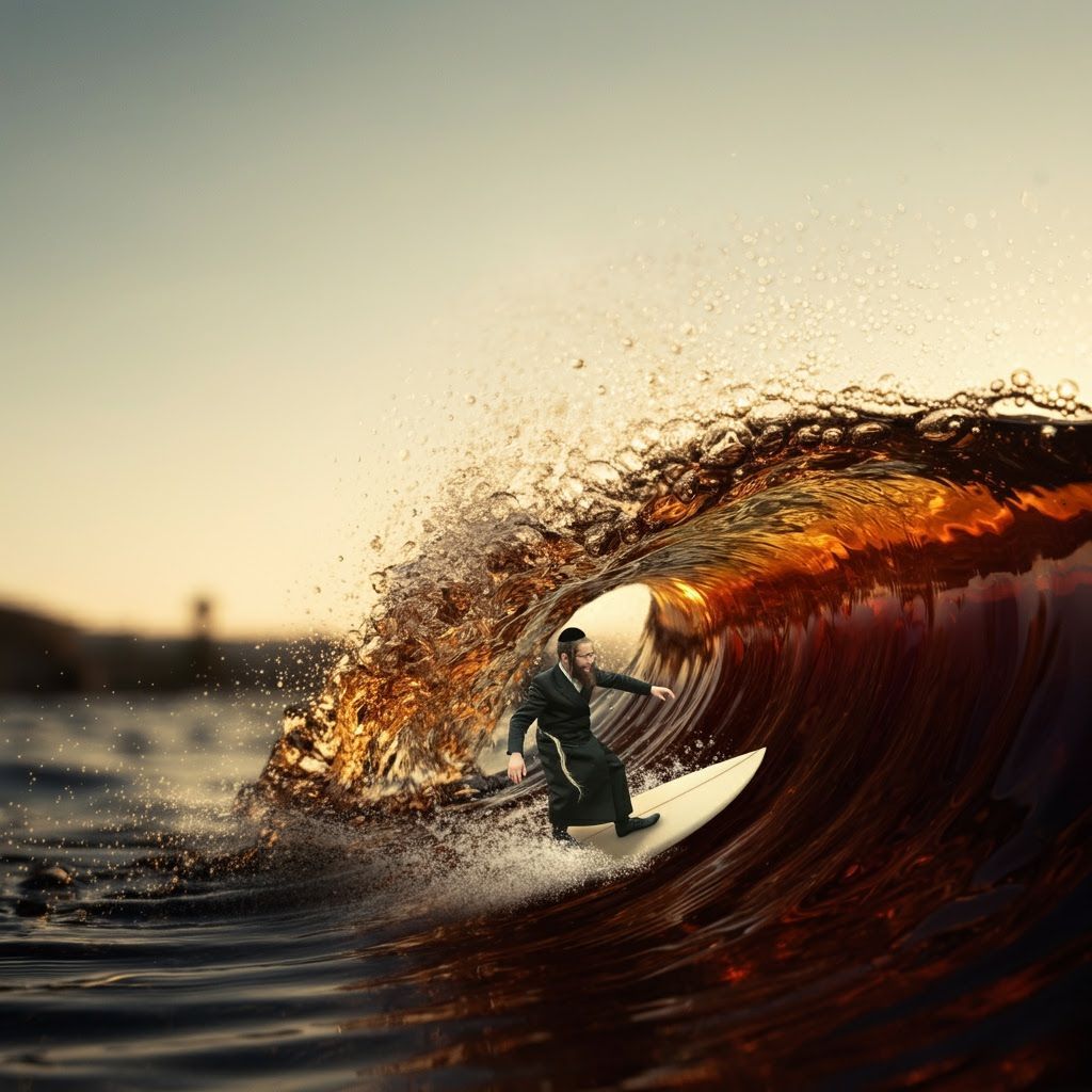 Ultra-Orthodox Man Surfing Cola Wave, Wes Anderson Style