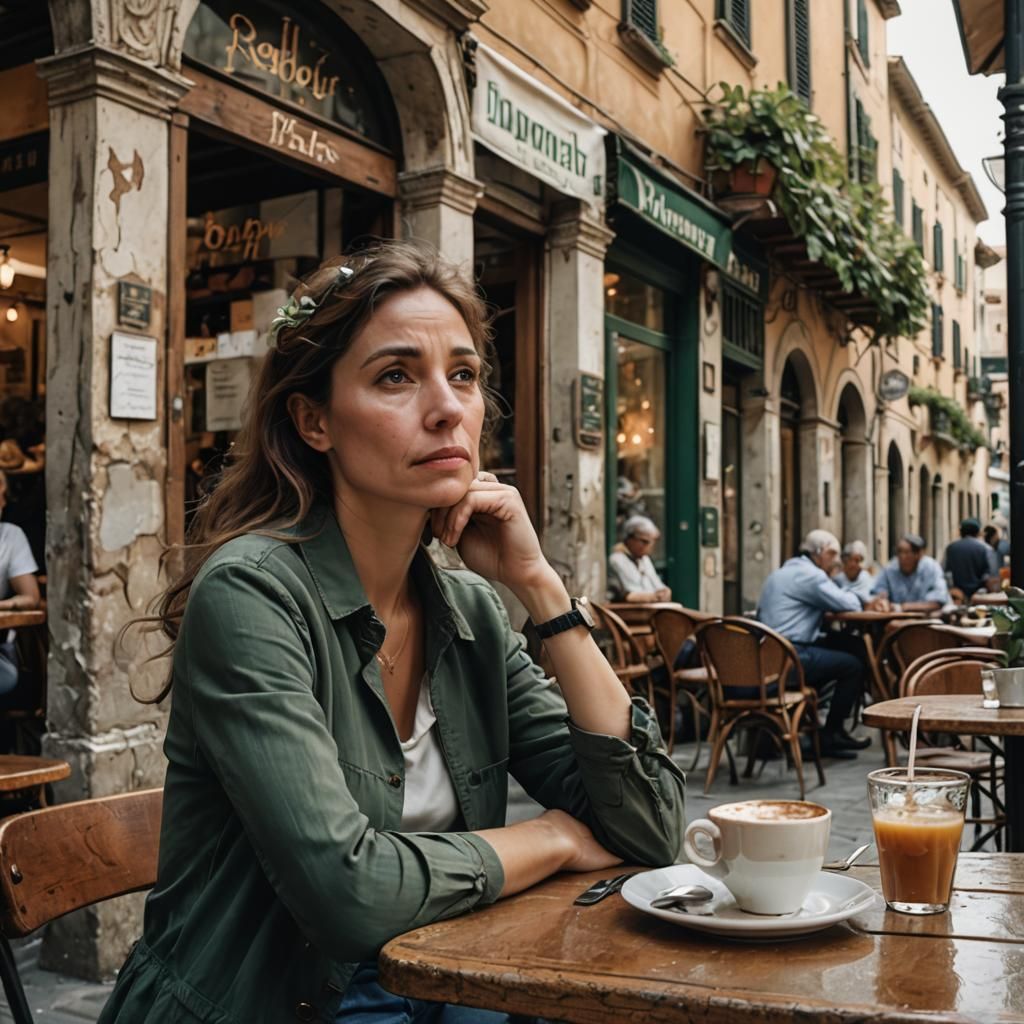 A woman sitting at a table outside an Italian cafe, anxiety,...