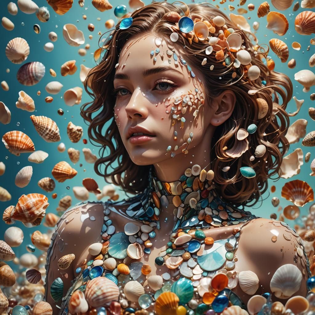 glass woman body full of shells