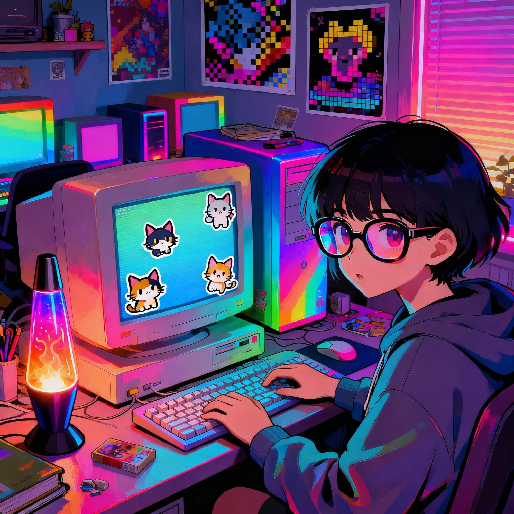 Retro Y2K Computer Room:
A messy, cozy room filled with rainbow-colored old school computers, pixel art posters, lava lamps, and a character...