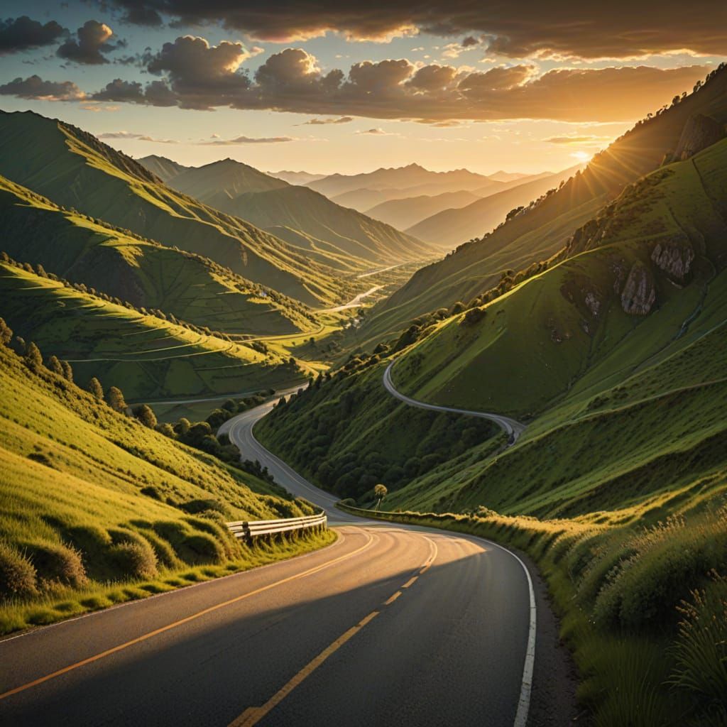 A mountain road winds through a lush, green valley. Wide shot. The road is empty, save for a lone cyclist ...  by @SEO BRO