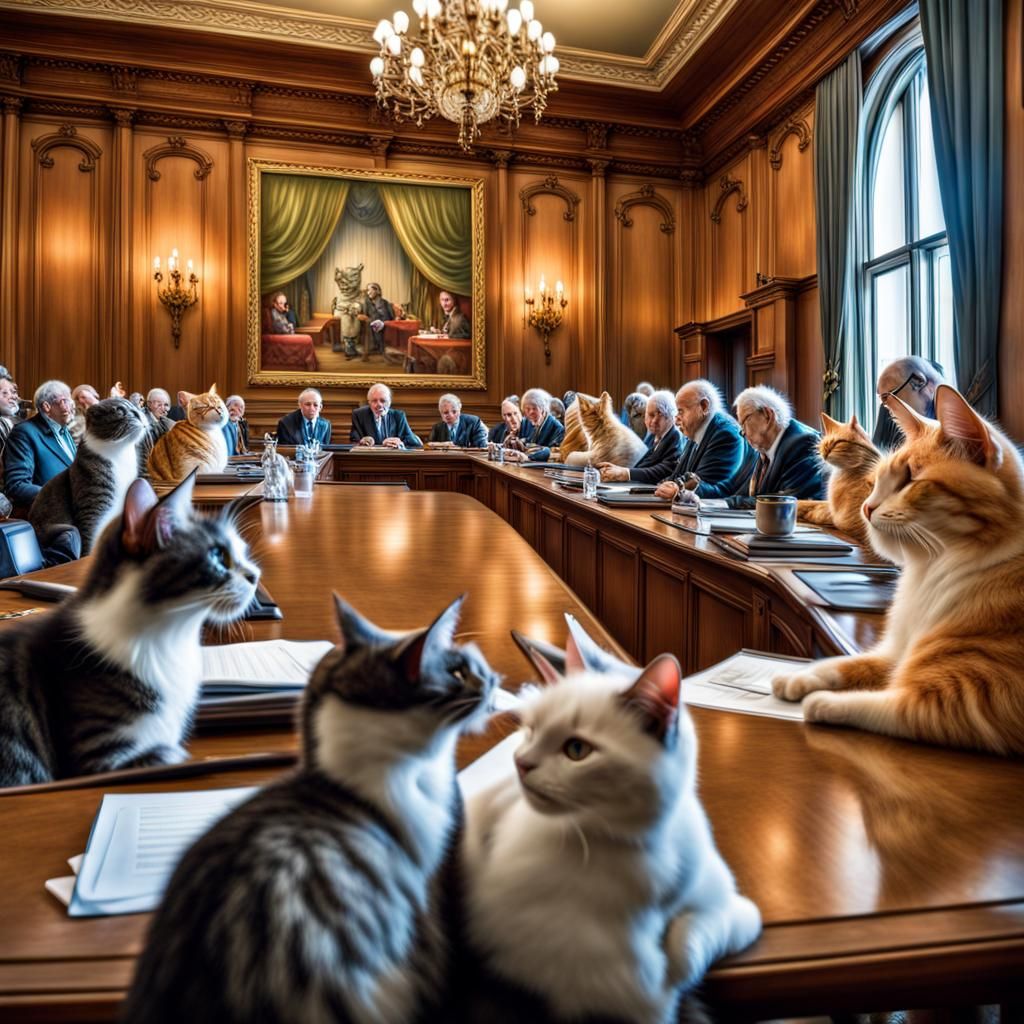 Focus on a grand cat council meeting, where representatives ...