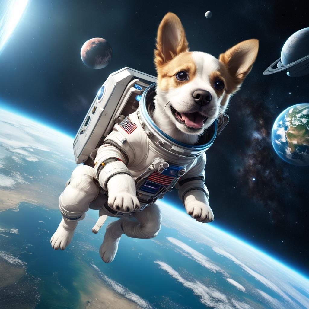 a dog puppy with a space suit jumping out of a spaceship - AI Generated ...