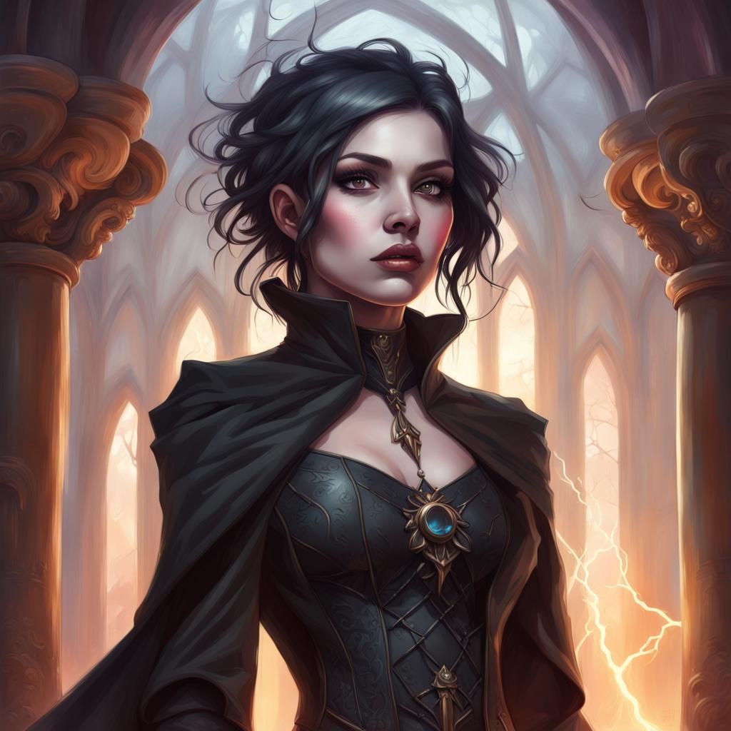 A epic fantasy portrait of a cute goth woman, castle setting, horror ...