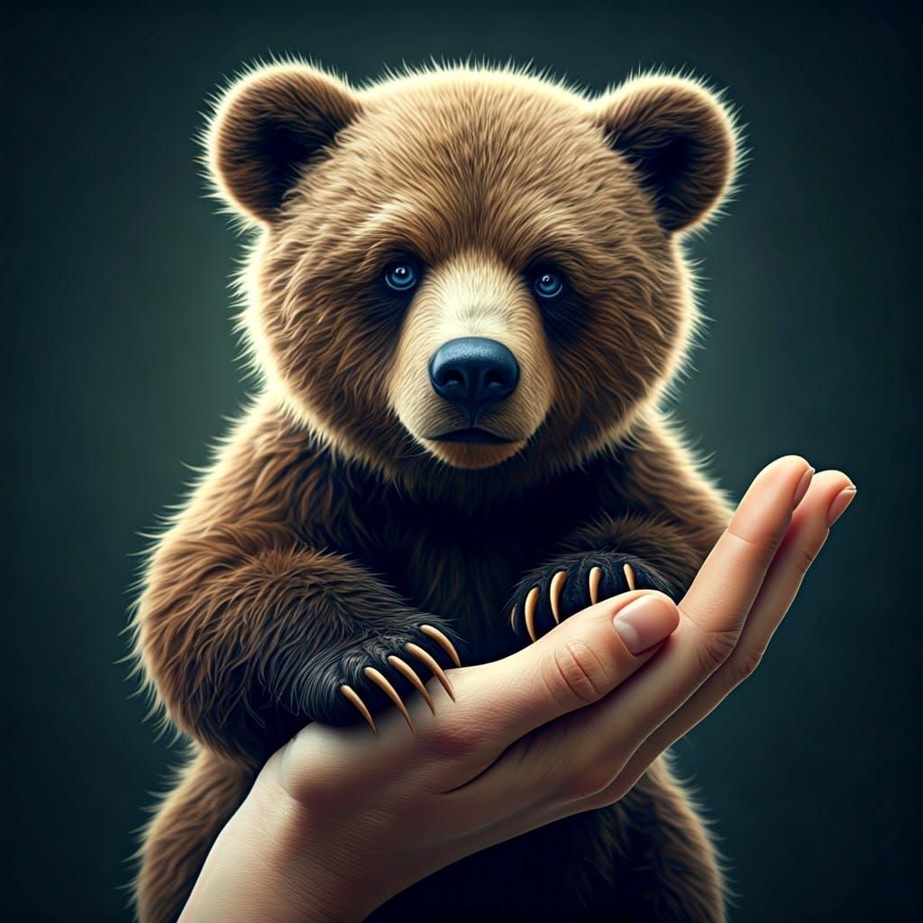 Brown bear with sweet blue eyes in the palm of your hand