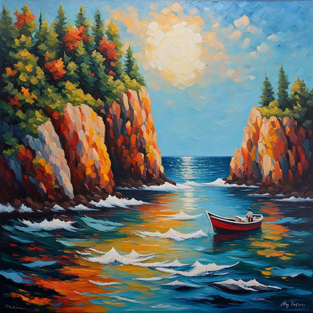 "A tranquil seascape featuring sustainable fishing practices...