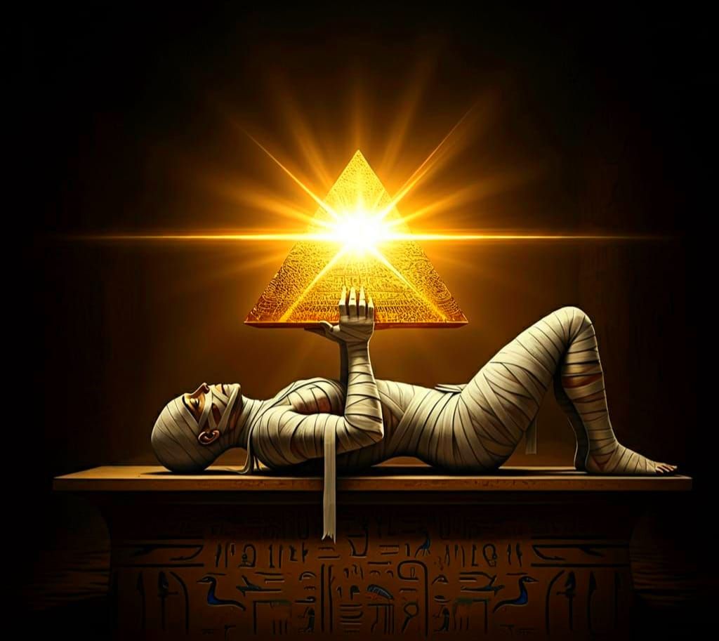Mummy upholding magic pyramid