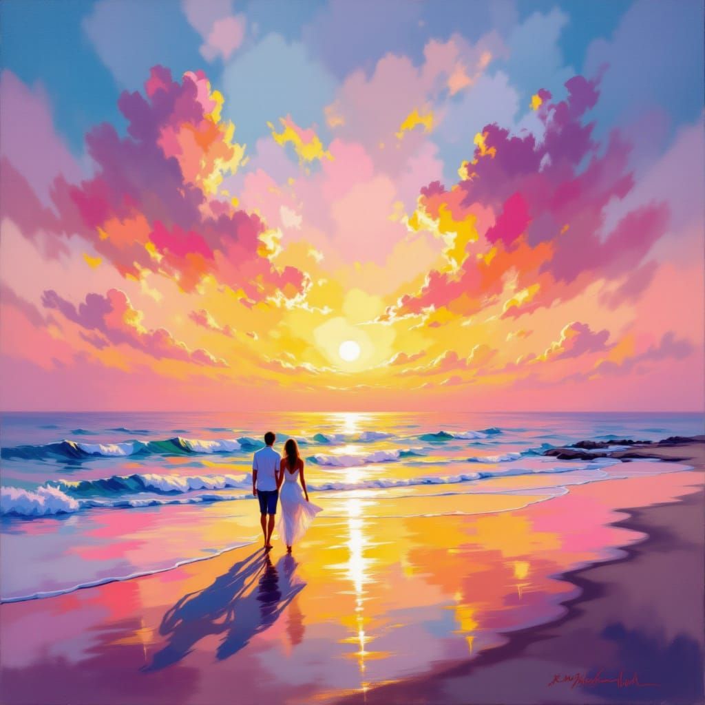 <lora:Painterly Or NotToBe:1.0> couple walking towards the sunset at the beach. Rendered in a painterly style that weaves Pre-Raphaelite sto...