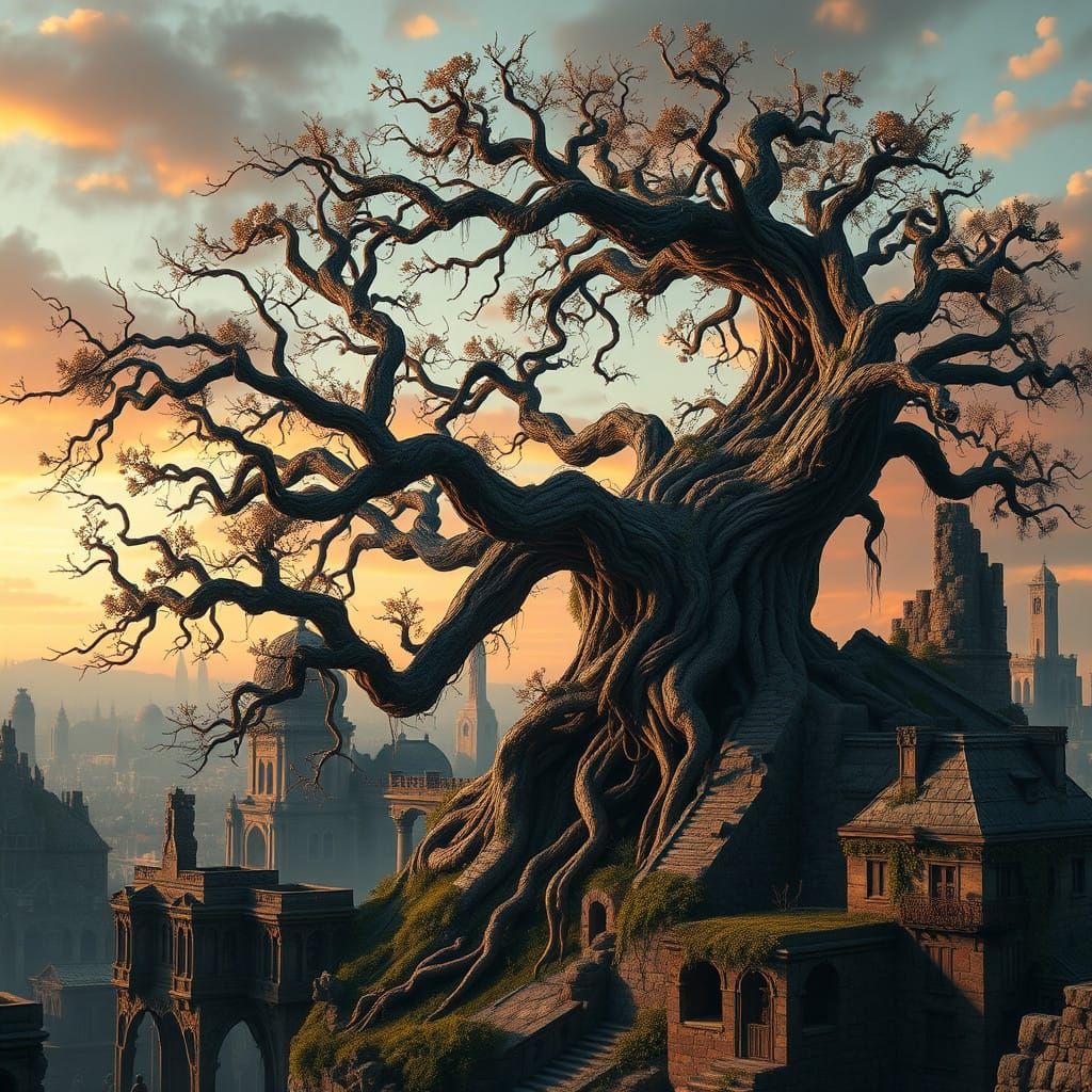 Ethereal Tree of Life Spans Ruined Cityscape in Golden Hour