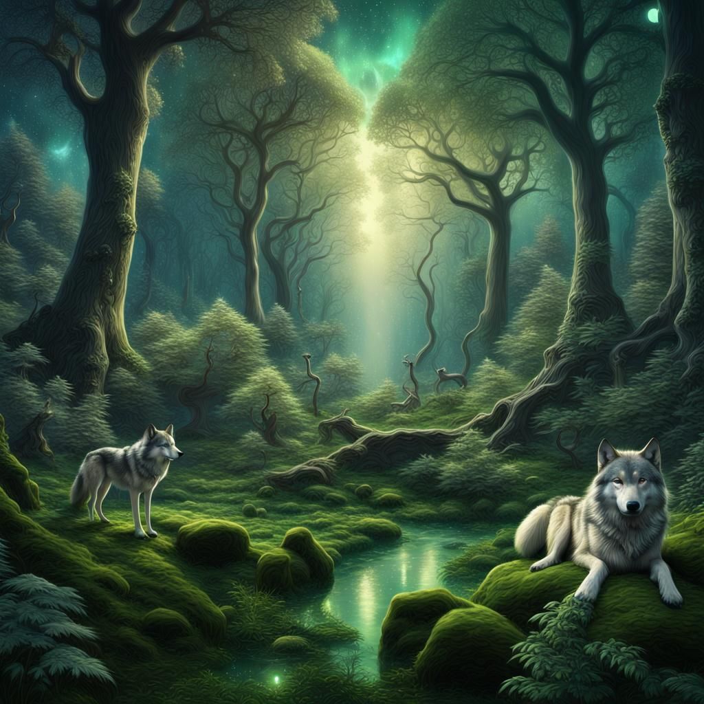 Green forest surrounded by beautiful grey wolves on an encha...