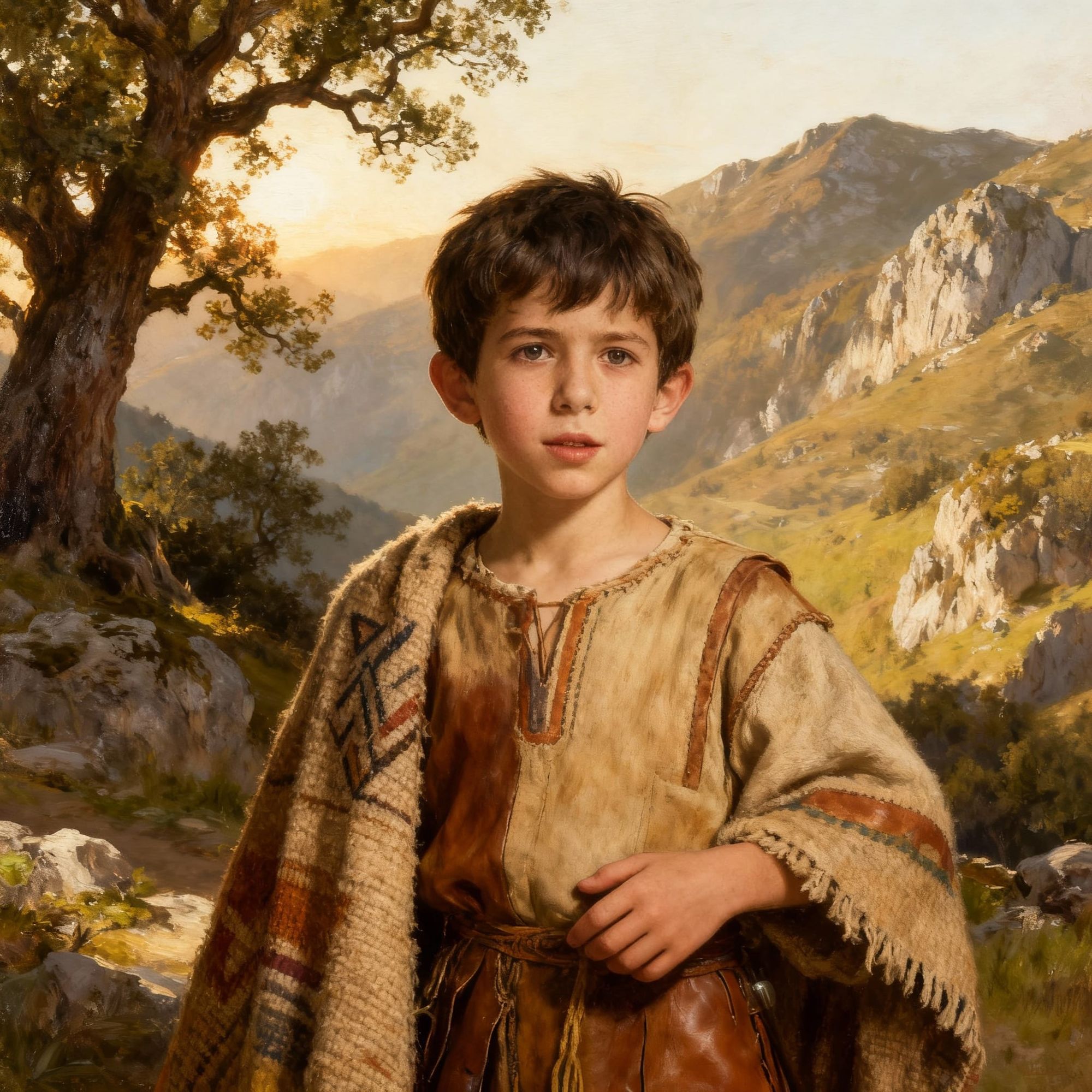 Create a classical oil painting depicting a Vascon man from pre-Roman Northern Iberia running directly toward the viewer. He is dressed in a...