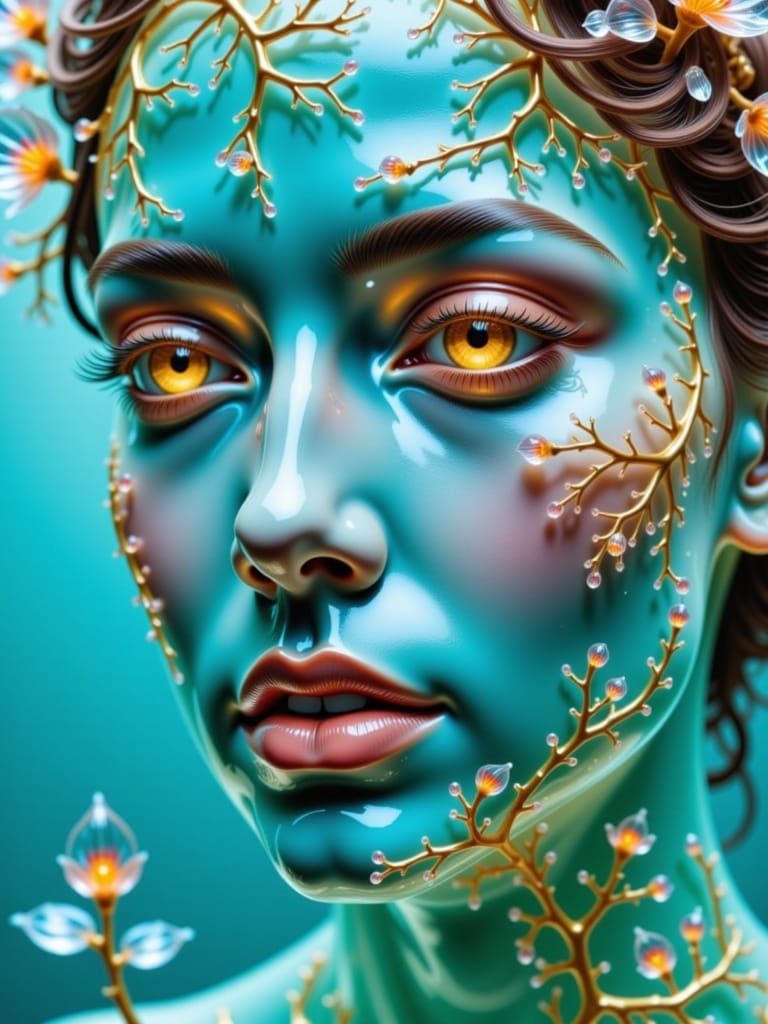 <lora:Zeste-citron crystal:1.0>A Transparent crystal portrait of a mesmerizing goddess, with a radiant turquoise complexion, featuring an intricate network of golden veins...