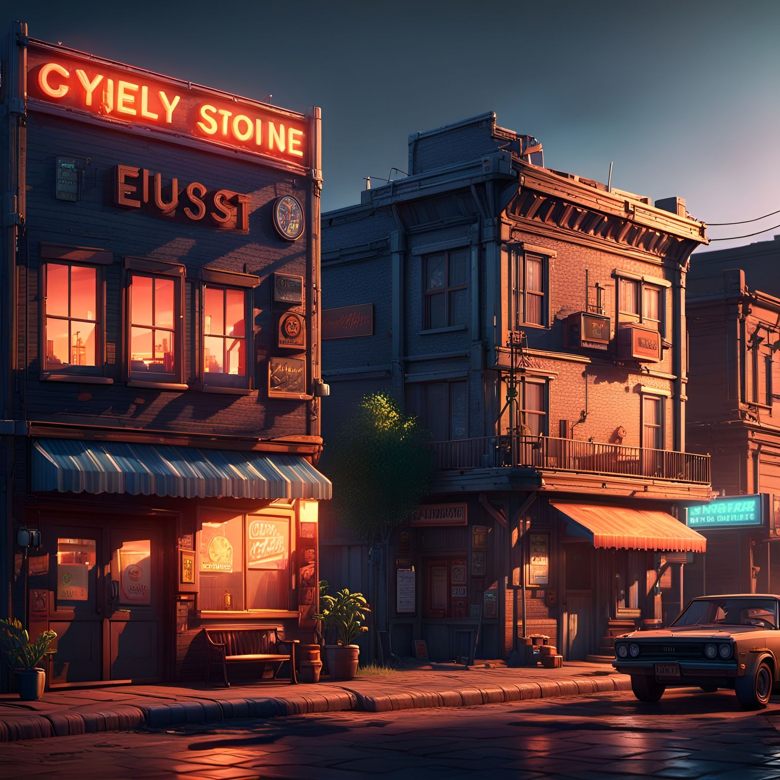 The small town, in 1985, sunset, detailed buildings, neon signs ...